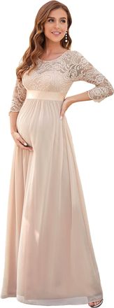 Ever-pretty Womens Round Neck Empire Waist Lace Elegant Half Sleeves A Line Floor Length Maternity Prom Dress Blush 14UK