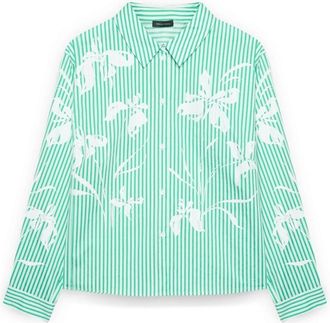 Fiorella Rubino Gestreept overhemd met bloemenprint - Dames - Overhemden - Groen - 7XL - Katoen - Overhemden