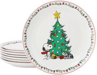 Peanuts Xmas 8 Piece 10.5 Inch Round Stoneware Dinner Plate Set in White at Nordstrom