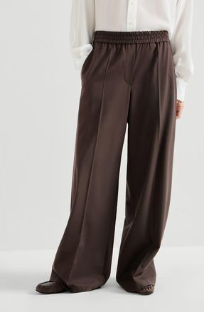 Brunello Cucinelli Tropical luxury wool loose track trousers in Coffee at Nordstrom, Size 50