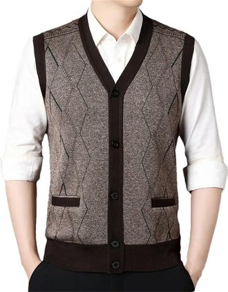 Generic Mens Sleeveless Knitted Cardigan Middle-Aged And Elderly Warm Vest Coat Casual Fit Vest Coffee L