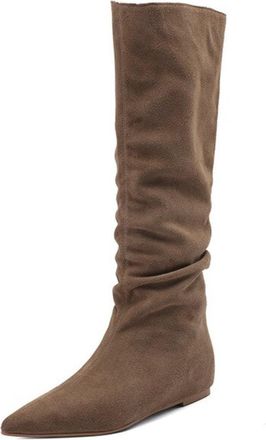 Generic Womens Slouch Knee-High Suede Boots Pointed Toe Flat Heel Slip-On Design Comfortable Fit for Daily Casual Wear and Office Outings,Brown,4.5 UK