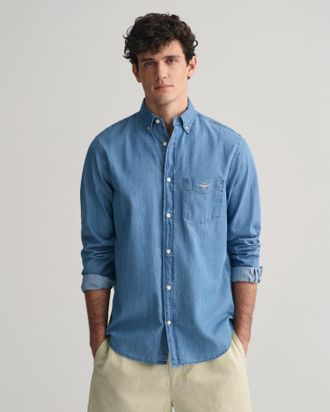 GANT Langarmhemd GANT Regular Fit Denimhemd Jeanshemd pflegeleicht, Herren, Gr. M, N-Gr, blau (semi light blau), Web, Obermaterial: 100% Baumwolle, regular