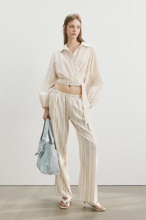 H&M Wide-leg linen-blend pants in White/striped at Nordstrom, Size Xx-Large