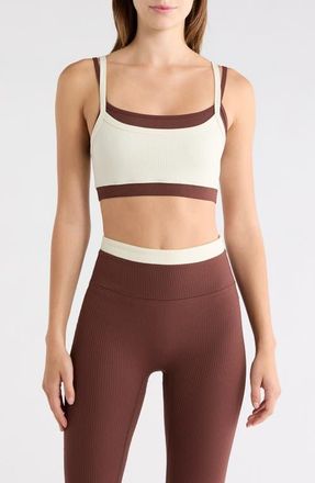 YEAR OF OURS Layered Rib Sports Bra in Shell/Chocolate at Nordstrom, Size X-Small