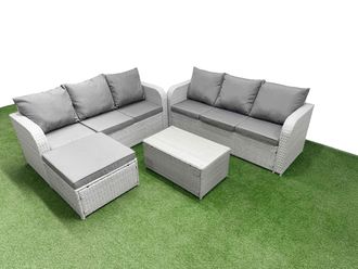 Fimous Outdoor Garden Furniture Sets 7 Seater Wicker Rattan Furniture Sofa Sets w/ Rectangular Coffee Table high Back Lounge Sofa Big Footstool Light