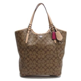 Coach Beige Brown Coated Canvas Leather Shoulder Bag Tote Bag (Pre-Owned)