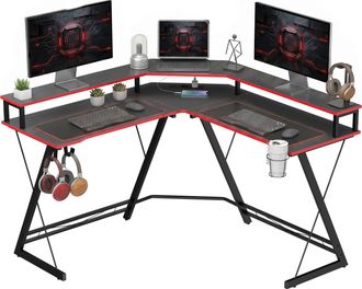 HOMCOM Homcom Mesa Gaming Esquinero Con Enchufes, Mesa Escritorio Forma L, 128x128 Cm, Con Soporte Para Monitor, Gancho Para Auriculares Y Portavasos, Negro