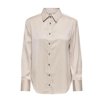 Only Blouse met ronde hals en lange mouwen - Dames - Overhemden - Beige - M - Polyester - Overhemden