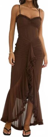 Blue Blush Gathered Waist Frill Trim Maxi Dress In Chocolate