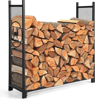Costway Costway Le&ntilde;ero Exterior/interior, 121 X 38 X 117 Cm, Estante De Le&ntilde;a Con Lados De Malla, Base Elevada, Carga De 140kg, Soporte Para Almacenar Le&ntilde;a