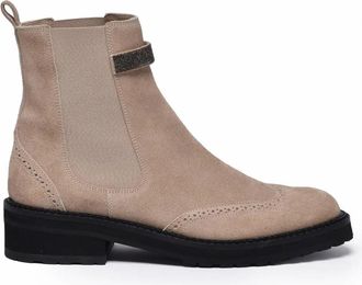 Eleventy Beige Brogue Detailing Suede Rubber Sole Boots