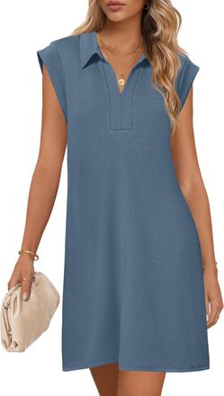 Merokeety Womens 2025 Summer Short Sleeve Mini Dress Casual Collared V Neck Loose T Shirt Dresses, Gray Blue, S