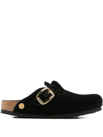 Birkenstock Boston Big Buckle Black, Velvet Textile Shoes