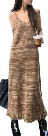 Generic V-Neck Tassel Striped Knitted Suspender Skirt for Women Spring and New Dress with Bottoming Over-The-Knee Long Skirt - Coffee - one Size