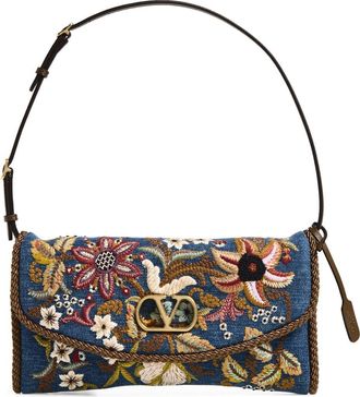 Valentino Garavani Small DeVain Embroidered Denim Shoulder Bag in Blue Multi at Nordstrom