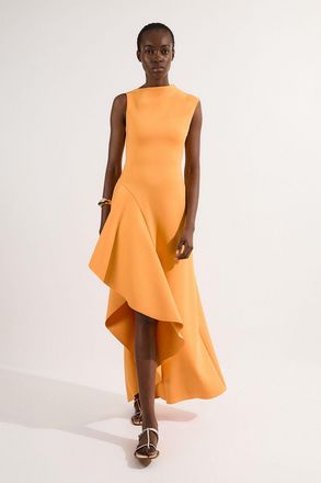 Karen Millen Womens Scuba Drama Ruffle Hem Woven Maxi Dress - Orange Polyamide - Size 6 UK