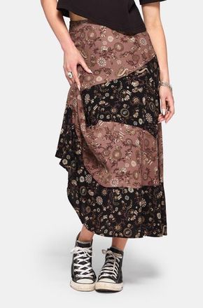 Disturbia Sylra Ditsy Folk Spliced Midi Skirt in Black at Nordstrom, Size 10