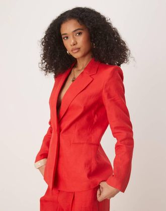 Mango Blazer in lino rosso in coordinato