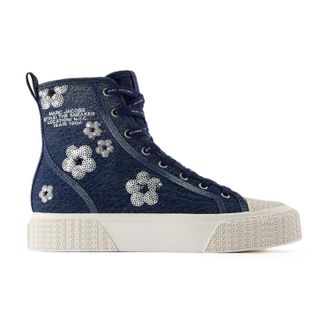 Marc Jacobs Womens Floral-Embroidered Cotton High-Top Sneaker Navy