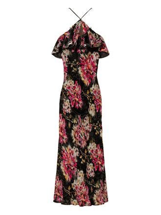 Twin-Set floral-pattern ruffled dress - Black