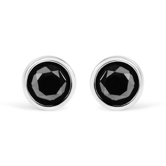 House of Brilliance 14K White Gold Round Brilliant-Cut Black Diamond Bezel-Set Stud Earrings with Screw Backs