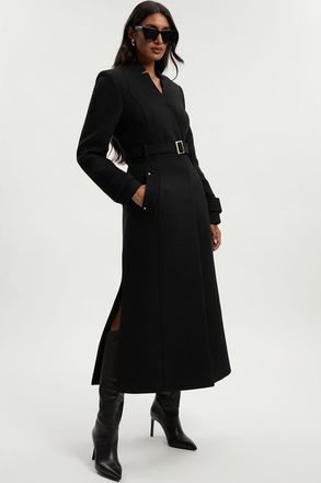 Karen Millen Wool Notch Neck Belted Maxi Coat in Black at Nordstrom, Size 10