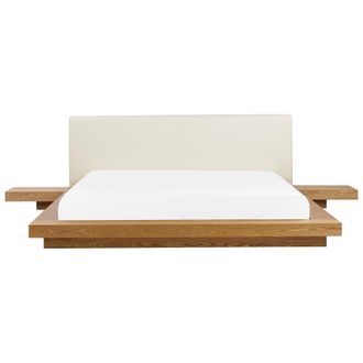 Beliani Cama Moderna 180 X 200 Cm Con Plataforma Mesitas De Noche Cabecero De Piel Sint&eacute;tica Mdf Madera De Fresno Natural Zen