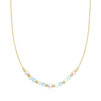 RS Pure by Ross-Simons Aquamarine and 4-4.5mm Prehnite Bead Station Necklace With 4.5-5mm Cultured Pearls in 18kt Gold Over Sterling