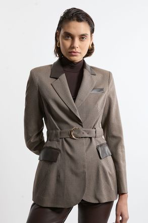 Karen Millen Classic Check With Choc Pu Tailored Jacket