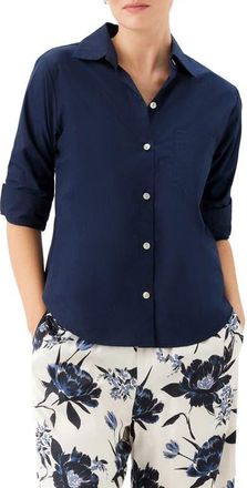 Karen Kane Ruched Sleeve Cotton Button-Up Shirt in Navy at Nordstrom, Size X-Large