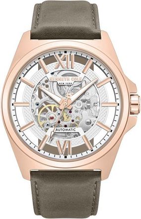 Kenneth Cole Skeleton Automatic Khaki Leather Strap Watch, 44mm at Nordstrom