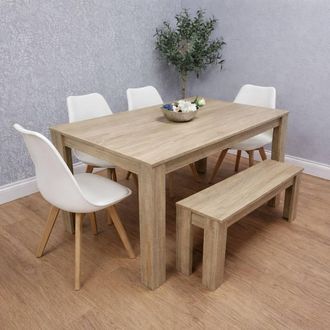 Kosy Koala Oak Effect Dining Table Set With 4 White Plastic Chairs & Bench Dining Room Furniture in Beige