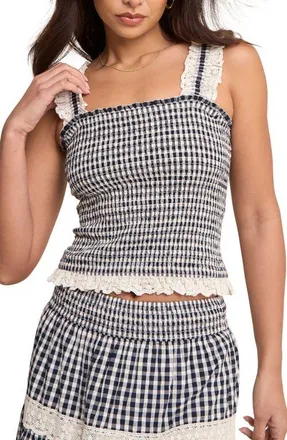 Nobody's Child Gingham Smocked Eyelet Lace Trim Top in Black at Nordstrom, Size 14