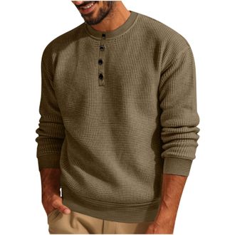 Generic MenS Casual Crew-Neck Waffle-Knit T-Shirt: Solid Colour Long Sleeve Texture Top, Breathable Everyday Essential For Autumn Layering & Urban Streetwear
