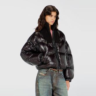 Diesel Down puffer jacket in ripstop with knitted collar - Winter Jackets - Woman - Black