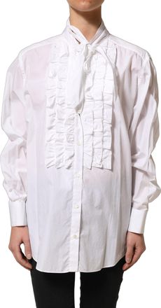 Dolce & Gabbana Womens White Ruffled Bib Long Sleeves Blouse Top Cotton