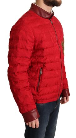 Dolce & Gabbana Mens Red Brocade Bomber Gold Crown Logo Coat Jacket Poleyster Clothing