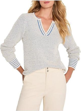 Nic+Zoe Tuck Texture Split Neck Sweater Womens Clothing Blue : SM, Acrylic/Cotton