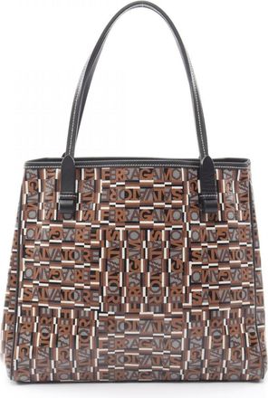 Ferragamo Black Brown White Coated Canvas Leather Handbag Tote Bag (Pre-Owned)
