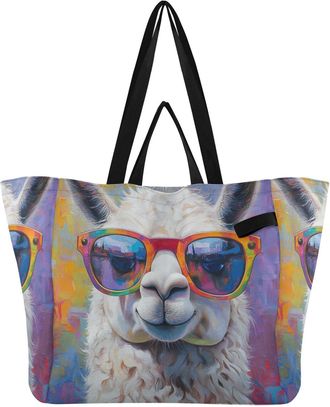 Generic Glasses Colorful Alpaca print Reusable Canvas Tote Bag, Heavy Duty Grocery Shopping Bag with Large Capacity Hard Bottom Double Handles Work Groceries 