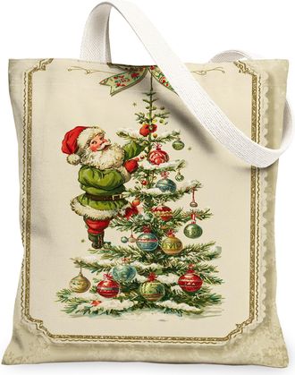 Generic Vintage Christmas Canvas Tote Bags, Decorative Santa Tree Design Reusable Grocery Bags, Holiday Lightweight Washable Should, Beige, 13x15 Inch