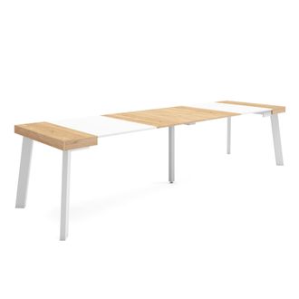 Skraut Home Mesa Consola Extensible, Mesa Comedor Plegable, 300, Para 14 Comensales, Patas De Madera, Estilo Moderno, Roble Y Blanco - Skraut Home