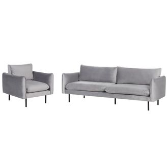 Beliani Conjunto De Sala De Estar 3 Plazas Estilo Retro Moderno Sof&aacute; Y Sill&oacute;n De Terciopelo Gris Patas Negras Vinterbro