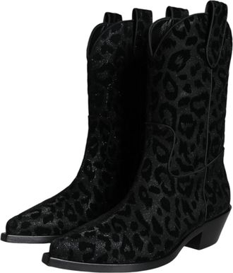 Dolce & Gabbana Womens Black Gray Leopard Cowboy Boots Shoes And
