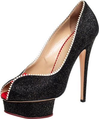 Charlotte Olympia Black Glitter And Patent Leather Scalloped Trim Peep Toe Platform Pumps