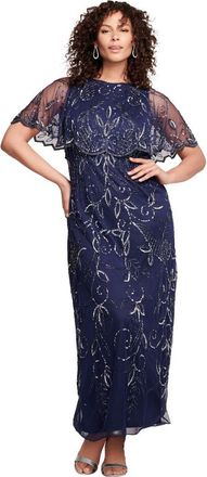 Roaman's Plus Size Beaded Capelet Maxi Gown Glam Evening Dress in Navy at Nordstrom, Size 44