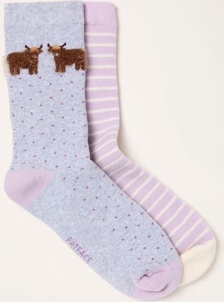 Fat Face FatFace Lilac Purple 2 Pairs of Highland Cow Welly Socks