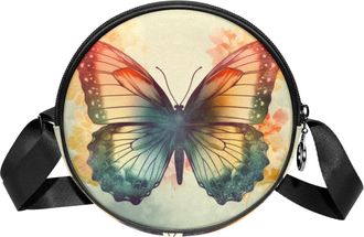 Generic Circle Crossbody Bag for Women, Vintage Butterfly Pattern Small Sling Bag Daypack with Zipper Adjustable Shoulder Straps Casual Ladies Girls Round Pur