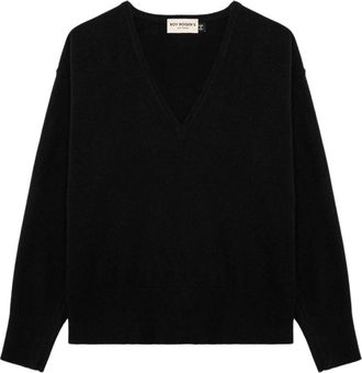 Roy Rogers Zwarte Sweaters met V-Hals en Ribboorden - Dames - Ronde hals truien - Zwart - L - Wol - Truien & Vesten